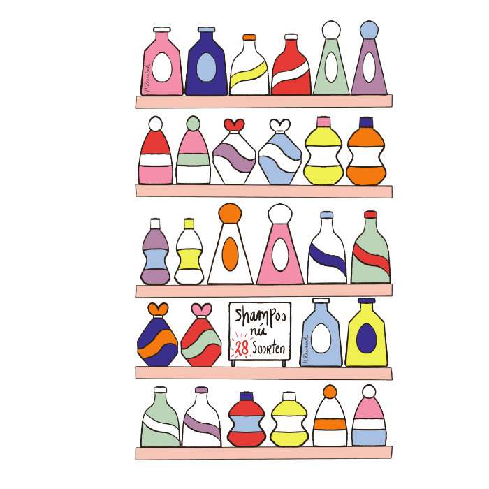 illustratie tekening van winkelschap met 28 soorten shampoo | © Hilde Reurink