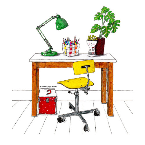 illustratie van gele stoel bij houten bureau met plantjes erop | illustratie: Hilde Reurink