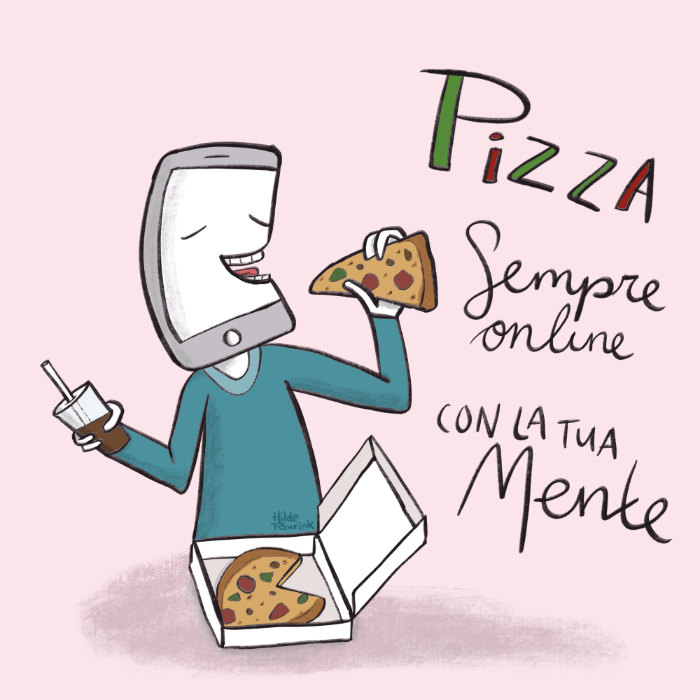 illustratie van iemand die pizza eet met smartphone-hoofd | © Hilde Reurink