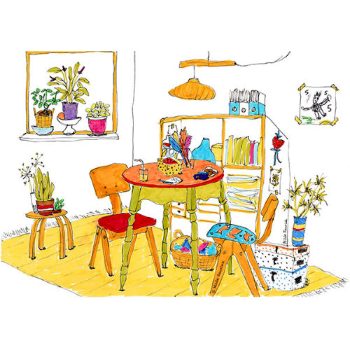 illustratie van huiskamer | tekening: Hilde Reurink