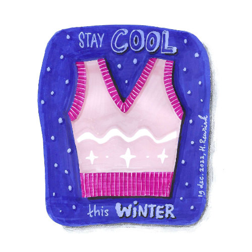 roze pullover met handgetekende tekst Stay cool this winter | illustratie © Hilde Reurink