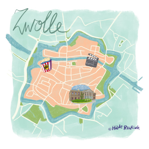 handgetekende plattegrond van Zwolle centrum | illustratie © Hilde Reurink