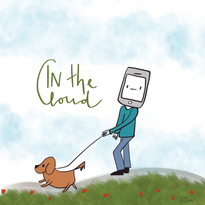 illustratie van persoon met smartphone-hoofd die hond uitlaat| © Hilde Reurink