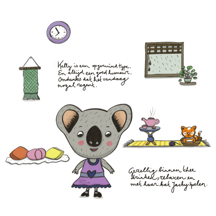 illustratie van schattige Koala in gezellige huiskamer met plant, kat in mand, wandklok, theepot en kussens | © Hilde Reurink