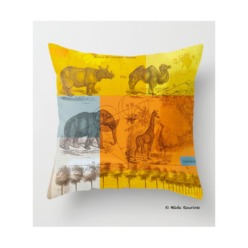 foto van kussenhoes met kleurrijk vintage dessinontwerp collage wilde dieren | ontwerp: Hilde Reurink