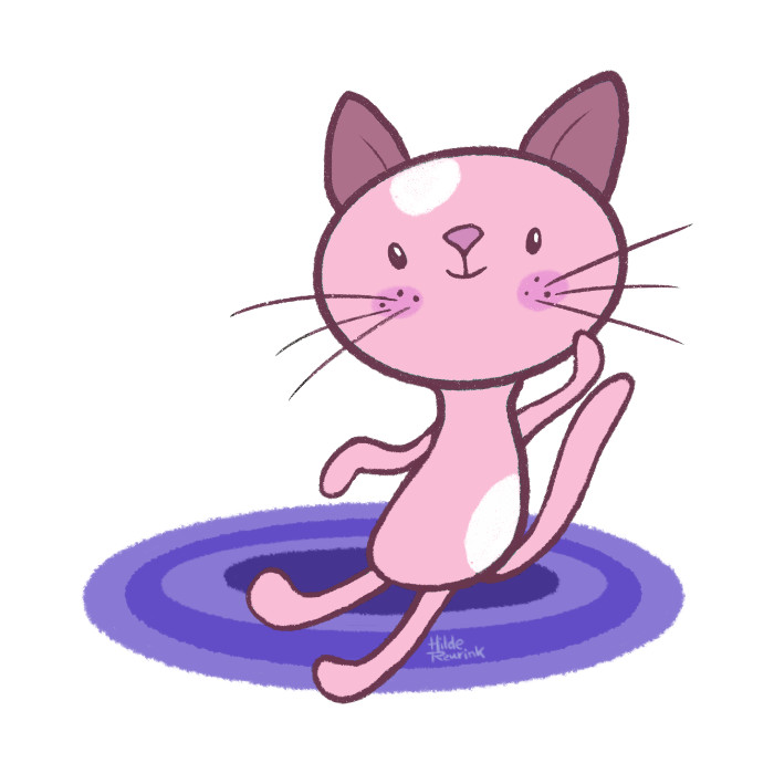 illustratie tekening van wuivende roze kat op mat bij plant | © Hilde Reurink