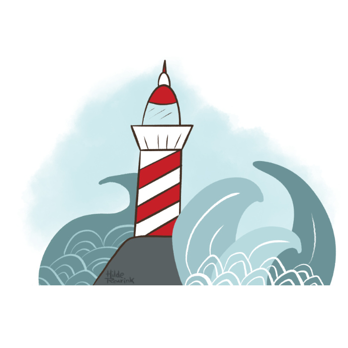 illustratie tekening van vuurtoren met golven | © Hilde Reurink