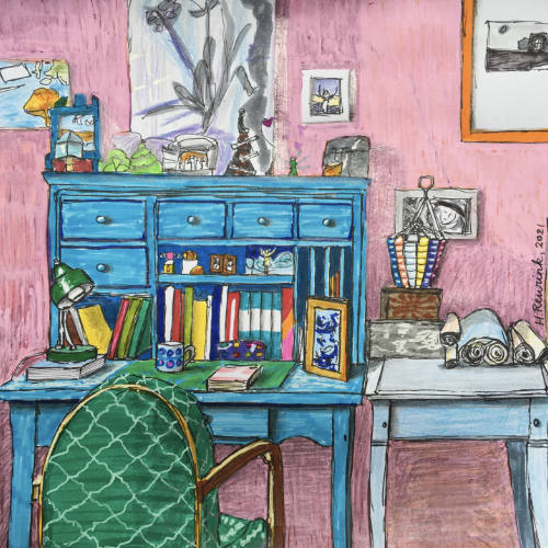 gedetailleerde en kleurrijke tekening van een bureau/werkplek| illustratie: Hilde Reurink