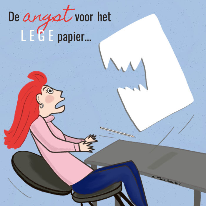 illustratie tekening van vrouw die schrikt van leeg vel papier op bureau| illustratie © Hilde Reurink