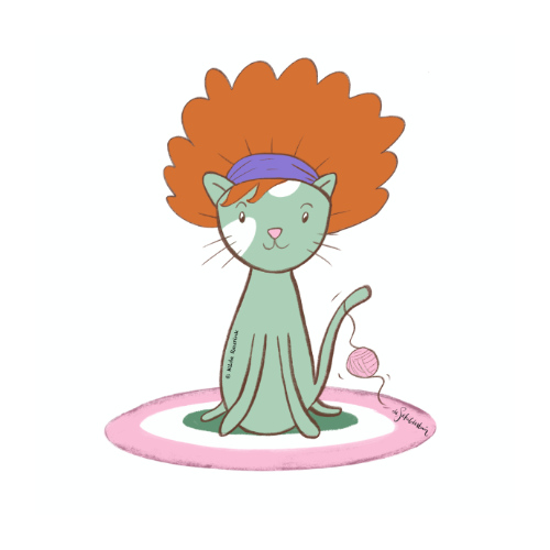 illustratie tekening van groene kat met oranje afrokapsel op mat | © Hilde Reurink