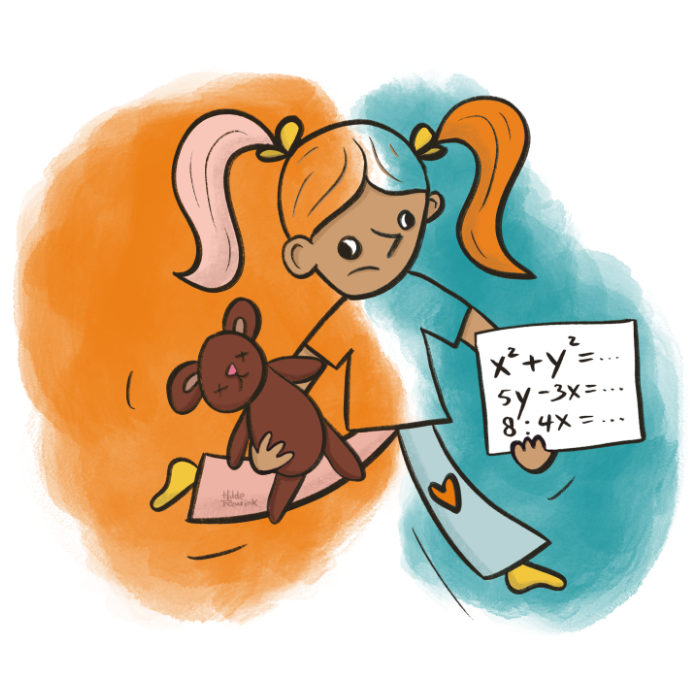 symbolische illustratie van meisje dat in 1 hand beer vasthoudt en in andere moeilijke wiskunde sommen  | © Hilde Reurink