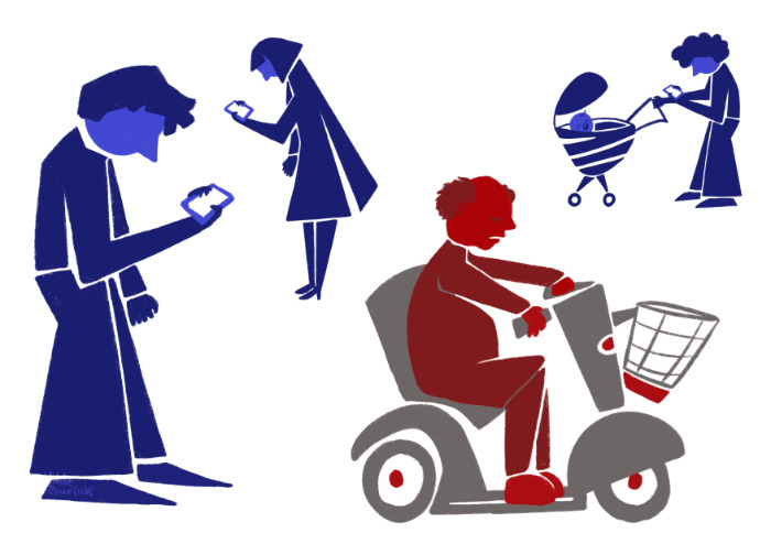 symbolische illustratie van oudere man in scootmobiel tussen mensen die allen op hun telefoon kijken | © Hilde Reurink