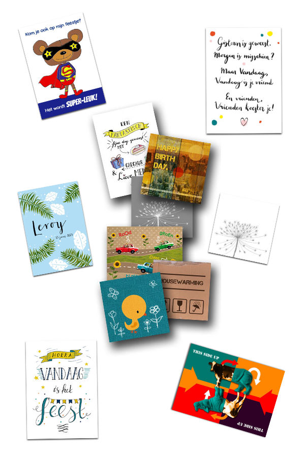 fotocollage van collectie verjaardagskaarten, uitnodigingskaarten, rouwkaarten, geboortekaarten en verhuiskaarten| © Hilde Reurink
